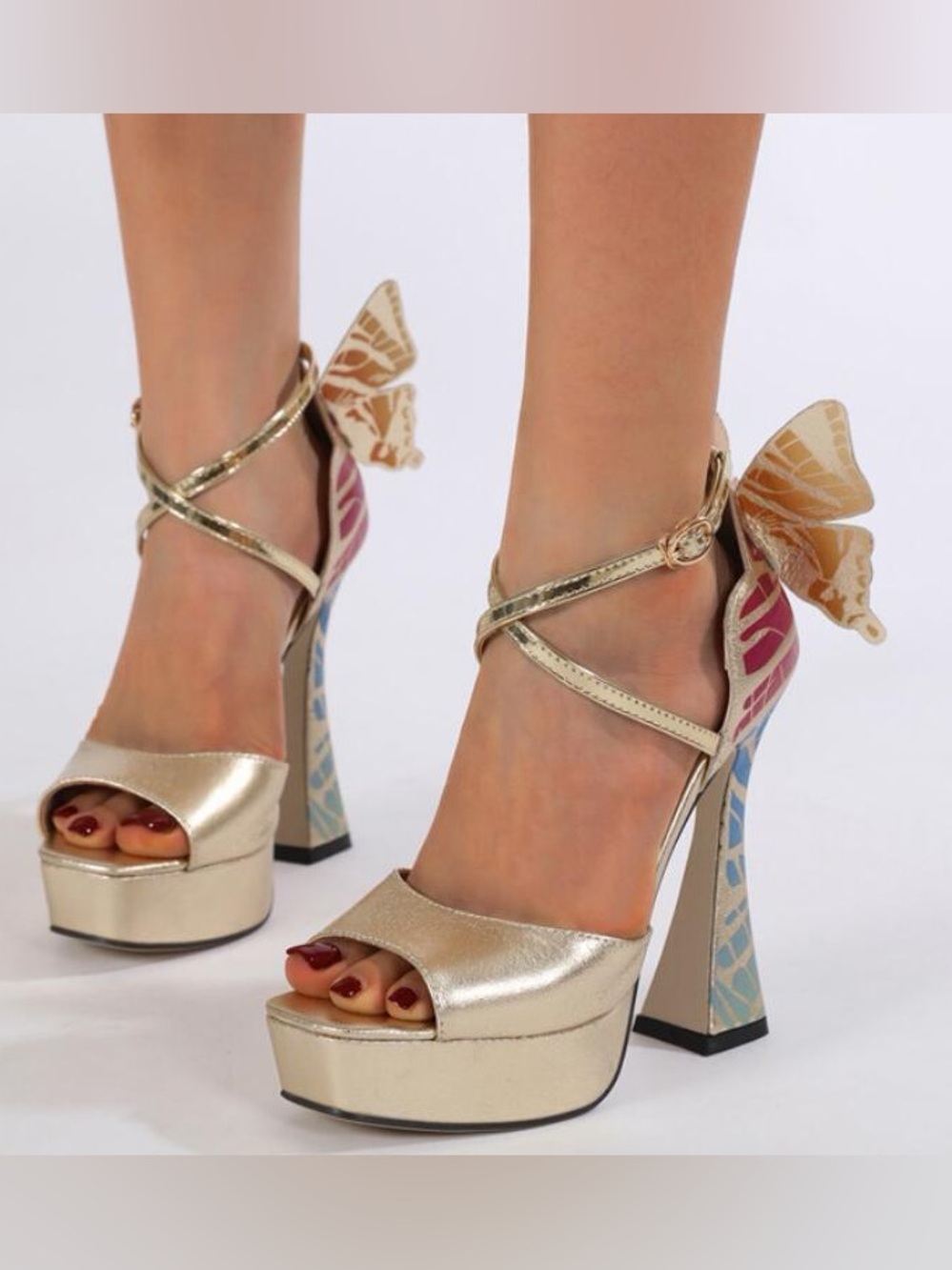 Gold Butterfly-Accent Platform Heels - Multicolor Detail - Picture 2 of 5